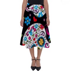 Sugar Skull Black Olorful Flower Perfect Length Midi Skirt by Cemarart