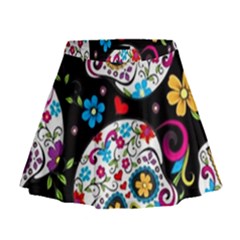 Sugar Skull Black Olorful Flower Mini Flare Skirt by Cemarart