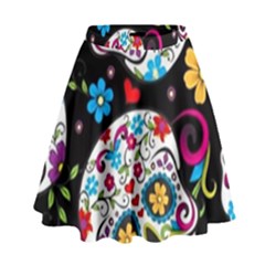 Sugar Skull Black Olorful Flower High Waist Skirt by Cemarart