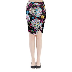 Sugar Skull Black Olorful Flower Midi Wrap Pencil Skirt by Cemarart