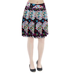 Sugar Skull Black Olorful Flower Pleated Skirt by Cemarart