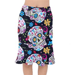 Sugar Skull Black Olorful Flower Short Mermaid Skirt by Cemarart