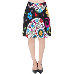 Sugar Skull Black Olorful Flower Velvet High Waist Skirt by Cemarart