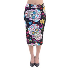 Sugar Skull Black Olorful Flower Velvet Midi Pencil Skirt by Cemarart