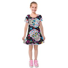 Sugar Skull Black Olorful Flower Kids  Short Sleeve Velvet Dress by Cemarart