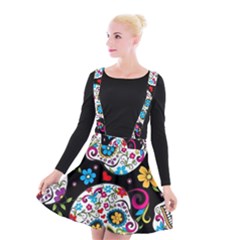 Sugar Skull Black Olorful Flower Suspender Skater Skirt by Cemarart