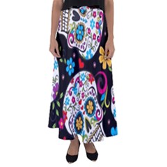 Sugar Skull Black Olorful Flower Flared Maxi Skirt by Cemarart