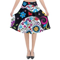 Sugar Skull Black Olorful Flower Flared Midi Skirt by Cemarart