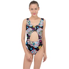 Sugar Skull Black Olorful Flower Center Cut Out Swimsuit by Cemarart