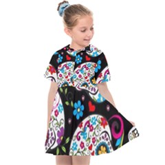 Sugar Skull Black Olorful Flower Kids  Sailor Dress by Cemarart