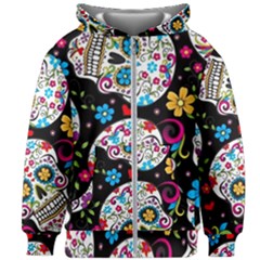 Sugar Skull Black Olorful Flower Kids  Zipper Hoodie Without Drawstring by Cemarart