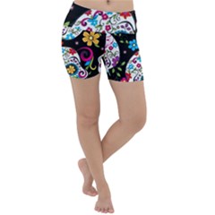 Sugar Skull Black Olorful Flower Lightweight Velour Yoga Shorts by Cemarart