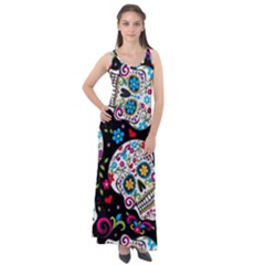 Sugar Skull Black Olorful Flower Sleeveless Velour Maxi Dress by Cemarart