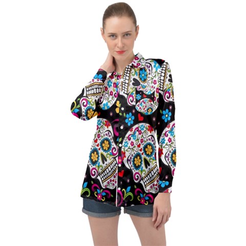 Sugar Skull Black Olorful Flower Long Sleeve Satin Shirt by Cemarart