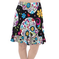 Sugar Skull Black Olorful Flower Fishtail Chiffon Skirt by Cemarart