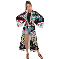 Sugar Skull Black Olorful Flower Maxi Kimono by Cemarart