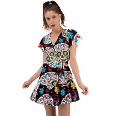 Sugar Skull Black Olorful Flower Flutter Sleeve Wrap Dress by Cemarart