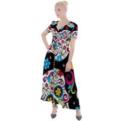 Sugar Skull Black Olorful Flower Button Up Short Sleeve Maxi Dress by Cemarart