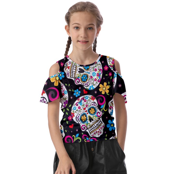 Sugar Skull Black Olorful Flower Kids  Butterfly Cutout T-Shirt