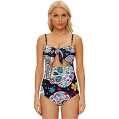 Sugar Skull Black Olorful Flower Knot Front One-piece Swimsuit by Cemarart