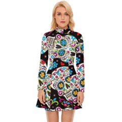 Sugar Skull Black Olorful Flower Long Sleeve Velour Longline Dress by Cemarart