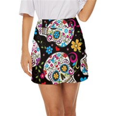 Sugar Skull Black Olorful Flower Mini Front Wrap Skirt by Cemarart