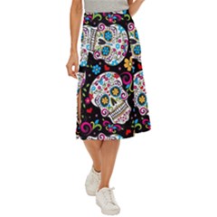 Sugar Skull Black Olorful Flower Midi Panel Skirt by Cemarart