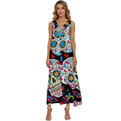 Sugar Skull Black Olorful Flower V-neck Sleeveless Loose Fit Overalls by Cemarart