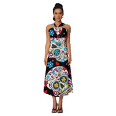 Sugar Skull Black Olorful Flower Sleeveless Cross Front Cocktail Midi Chiffon Dress by Cemarart