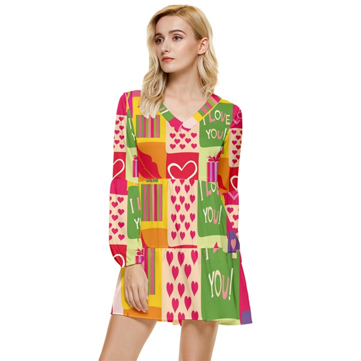 I Love You Doodle Tiered Long Sleeve Mini Dress