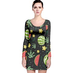 Watermelon Doodle Pattern Long Sleeve Velvet Bodycon Dress