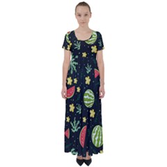 Watermelon Doodle Pattern High Waist Short Sleeve Maxi Dress by Cemarart