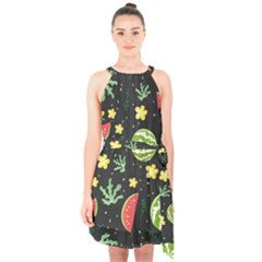 Watermelon Doodle Pattern Halter Collar Waist Tie Chiffon Dress by Cemarart