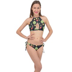 Watermelon Doodle Pattern Cross Front Halter Bikini Set by Cemarart