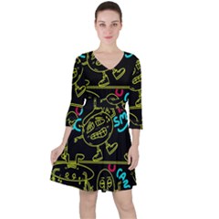 Keep Smiing Doodle Quarter Sleeve Ruffle Waist Dress by Cemarart