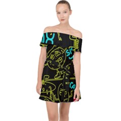 Keep Smiing Doodle Off Shoulder Chiffon Dress by Cemarart