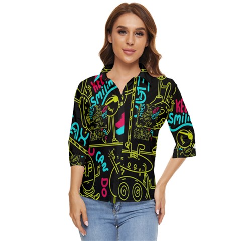 Keep Smiing Doodle Women s Quarter Sleeve Pocket Shirt by Cemarart