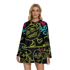 Keep Smiing Doodle Round Neck Long Sleeve Bohemian Style Chiffon Mini Dress by Cemarart