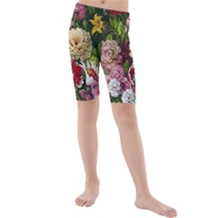 Parrot Painting Flower Art Kids  Mid Length Swim Shorts by Cemarart