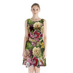 Parrot Painting Flower Art Sleeveless Waist Tie Chiffon Dress by Cemarart