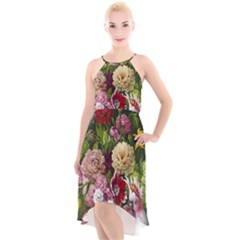 Parrot Painting Flower Art High-low Halter Chiffon Dress  by Cemarart