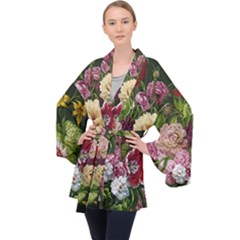 Parrot Painting Flower Art Long Sleeve Velvet Kimono  by Cemarart