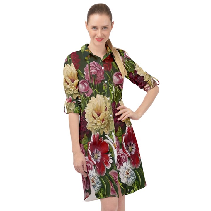 Parrot Painting Flower Art Long Sleeve Mini Shirt Dress