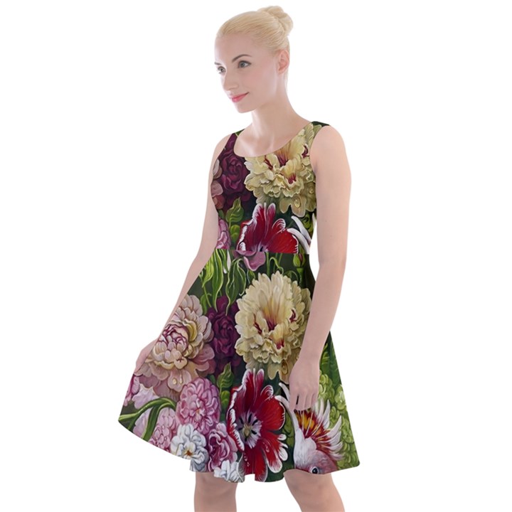 Parrot Painting Flower Art Knee Length Skater Dress