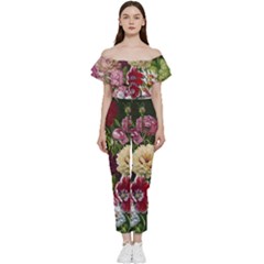 Parrot Painting Flower Art Bardot Ruffle Jumpsuit by Cemarart