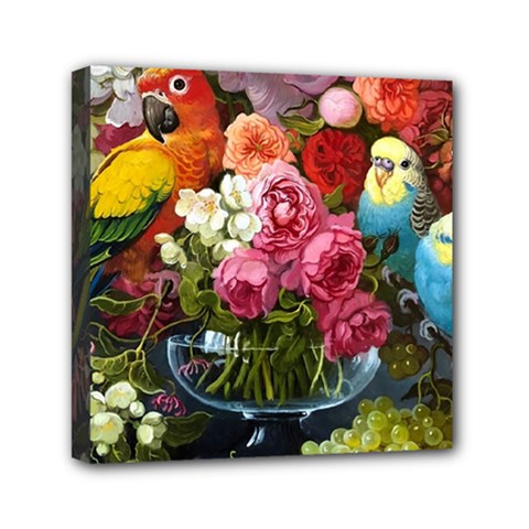 Flower And Parrot Art Flower Painting Mini Canvas 6  X 6  (stretched) by Cemarart