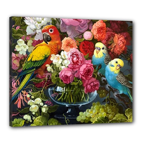 Flower And Parrot Art Flower Painting Canvas 24  X 20  (stretched) by Cemarart