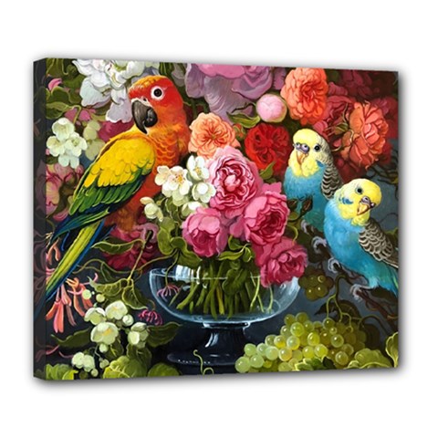 Flower And Parrot Art Flower Painting Deluxe Canvas 24  X 20  (stretched) by Cemarart