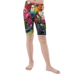 Flower And Parrot Art Flower Painting Kids  Mid Length Swim Shorts by Cemarart