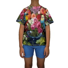 Flower And Parrot Art Flower Painting Kids  Short Sleeve Swimwear by Cemarart